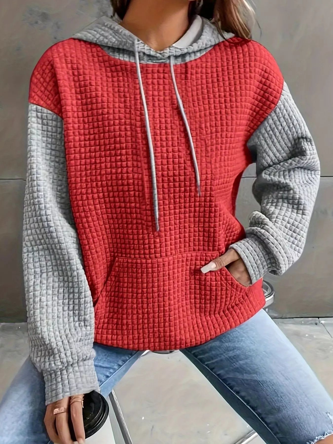 Full Size Textured Kangaroo Pocket Hoodie Plus Size 
