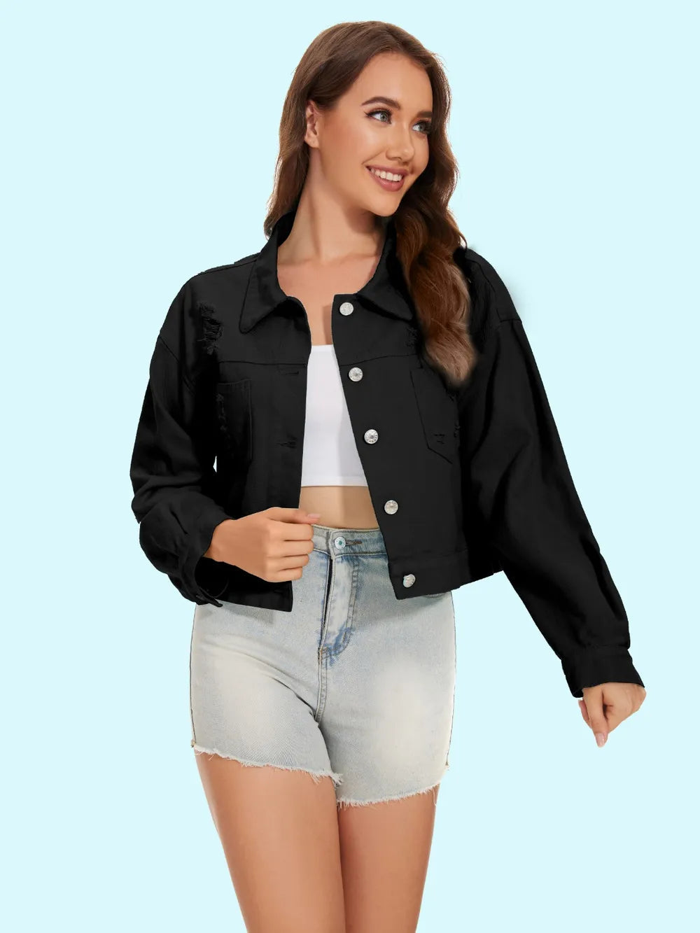 Distressed Distressed Button Up Denim Jacket 