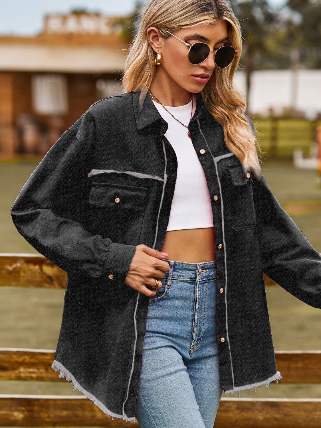 Button Up Collared Neck Raw Hem Denim Top 
