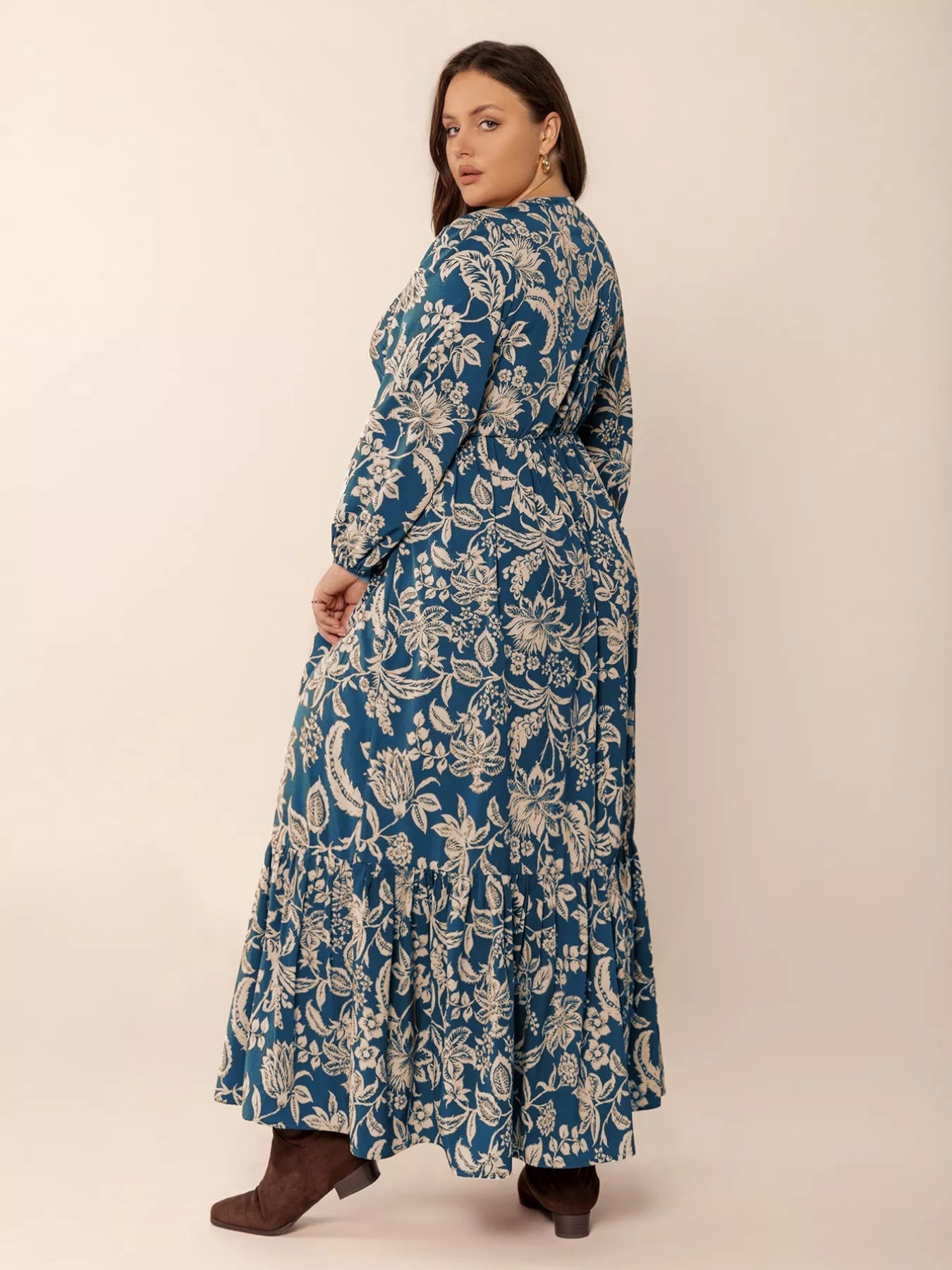 Plus Size Boho Floral Print Long Sleeve Maxi Dress 