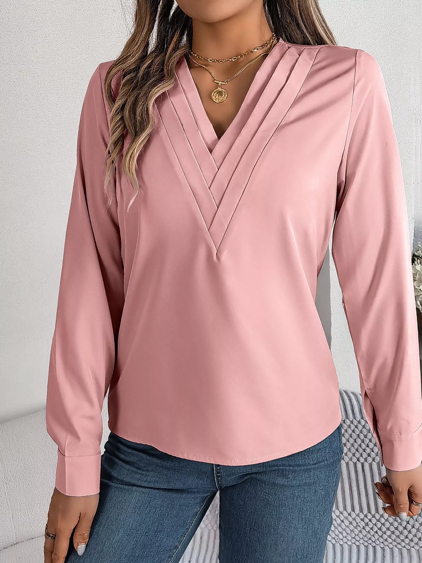 Layered V-Neck Long Sleeve Blouse 