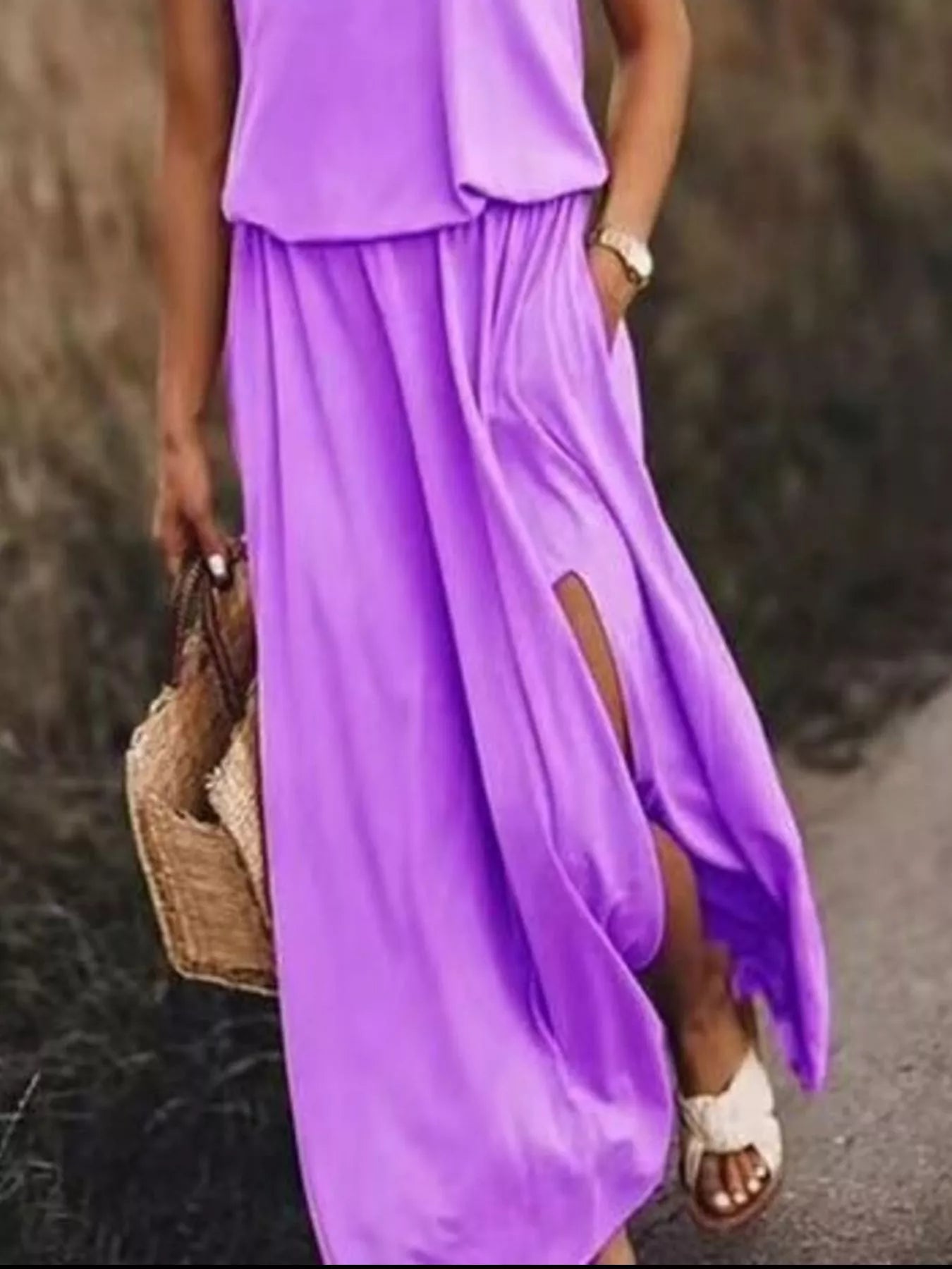 Full Size Round Neck Sleeveless Slit Maxi Dress Plus Size 