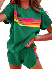 Rainbow Striped Round Neck Top and Shorts Set 