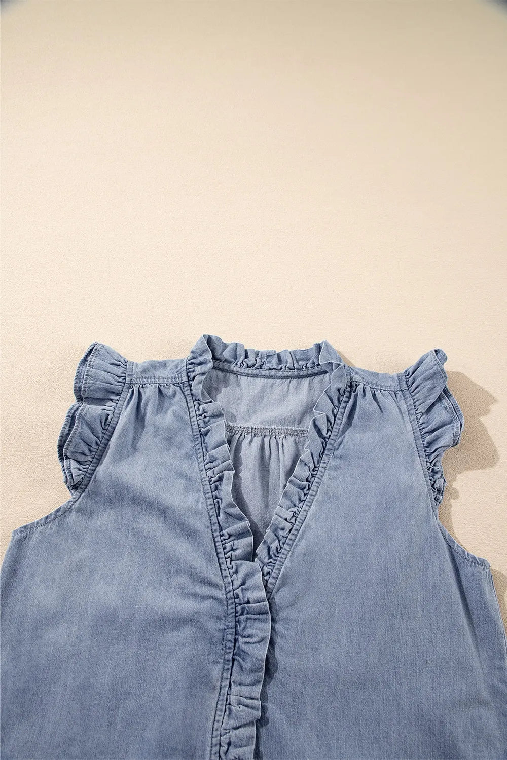 Frilly Ruffle Trim V Neck Chambray Tank 