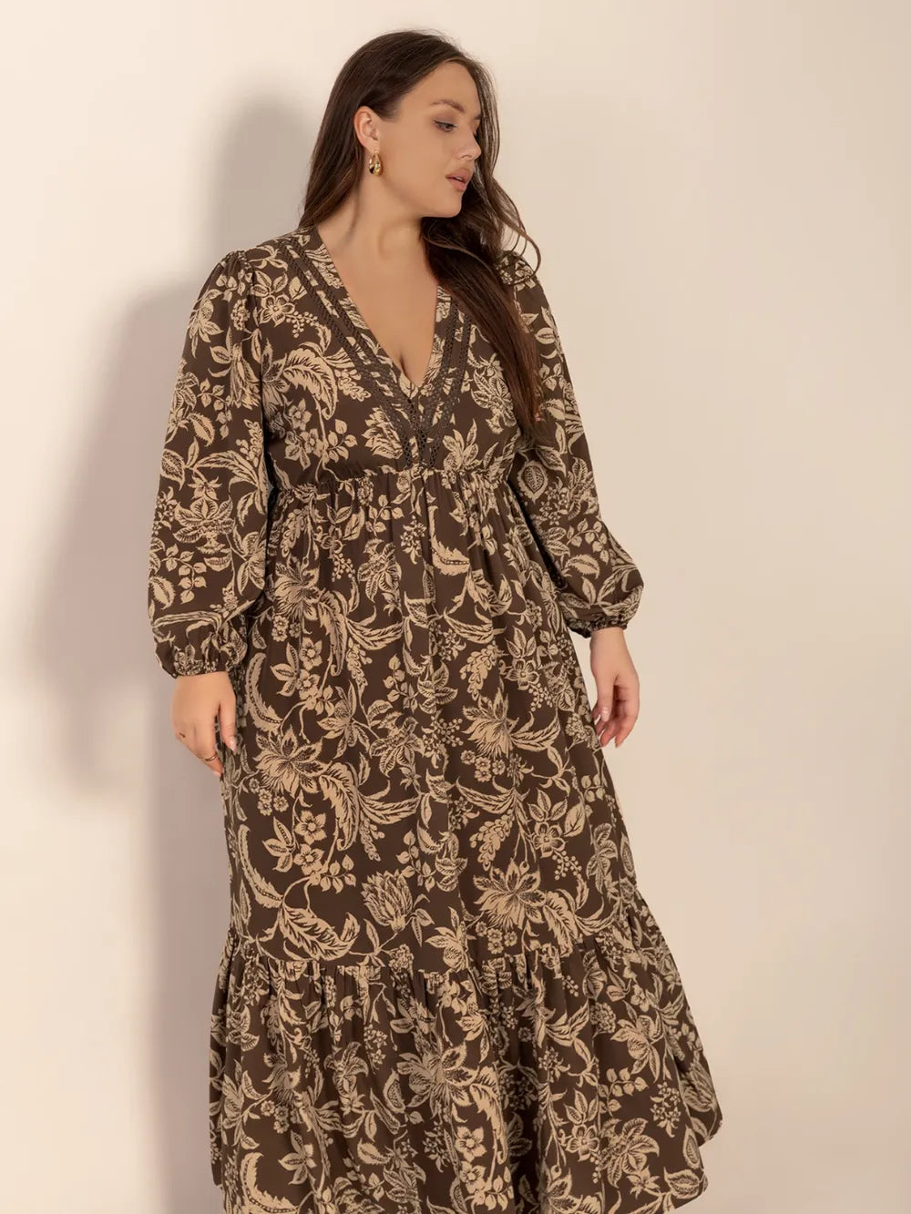 Plus Size Printed V-Neck Balloon Sleeve Maxi Dress 