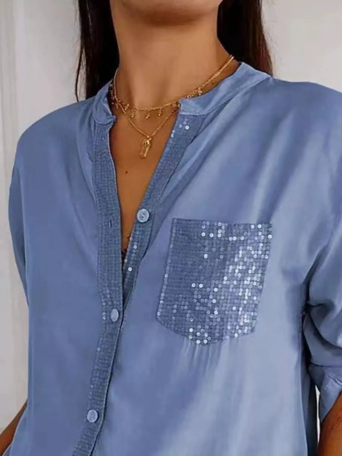 Full Size Sequin Detail Button-Down Shirt Plus Size 