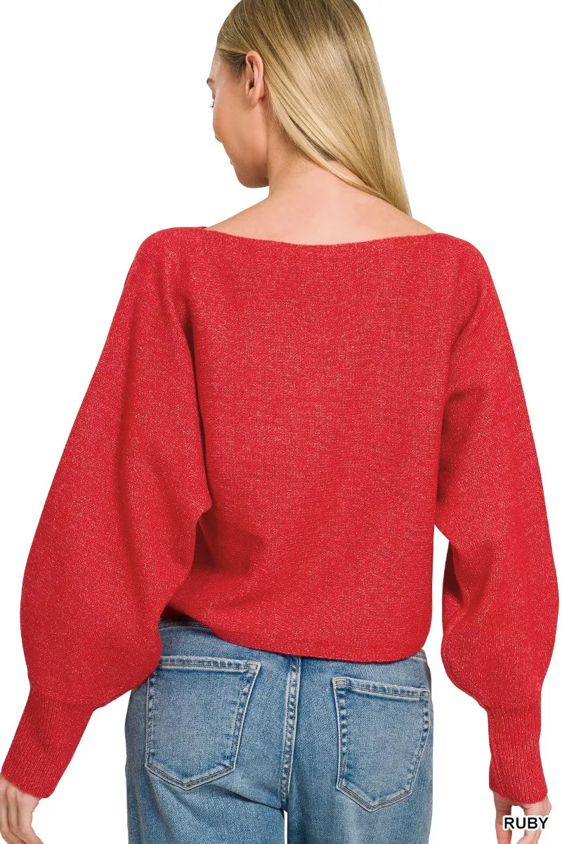 Zenana Boat Neck Balloon Sleeve Sweater 