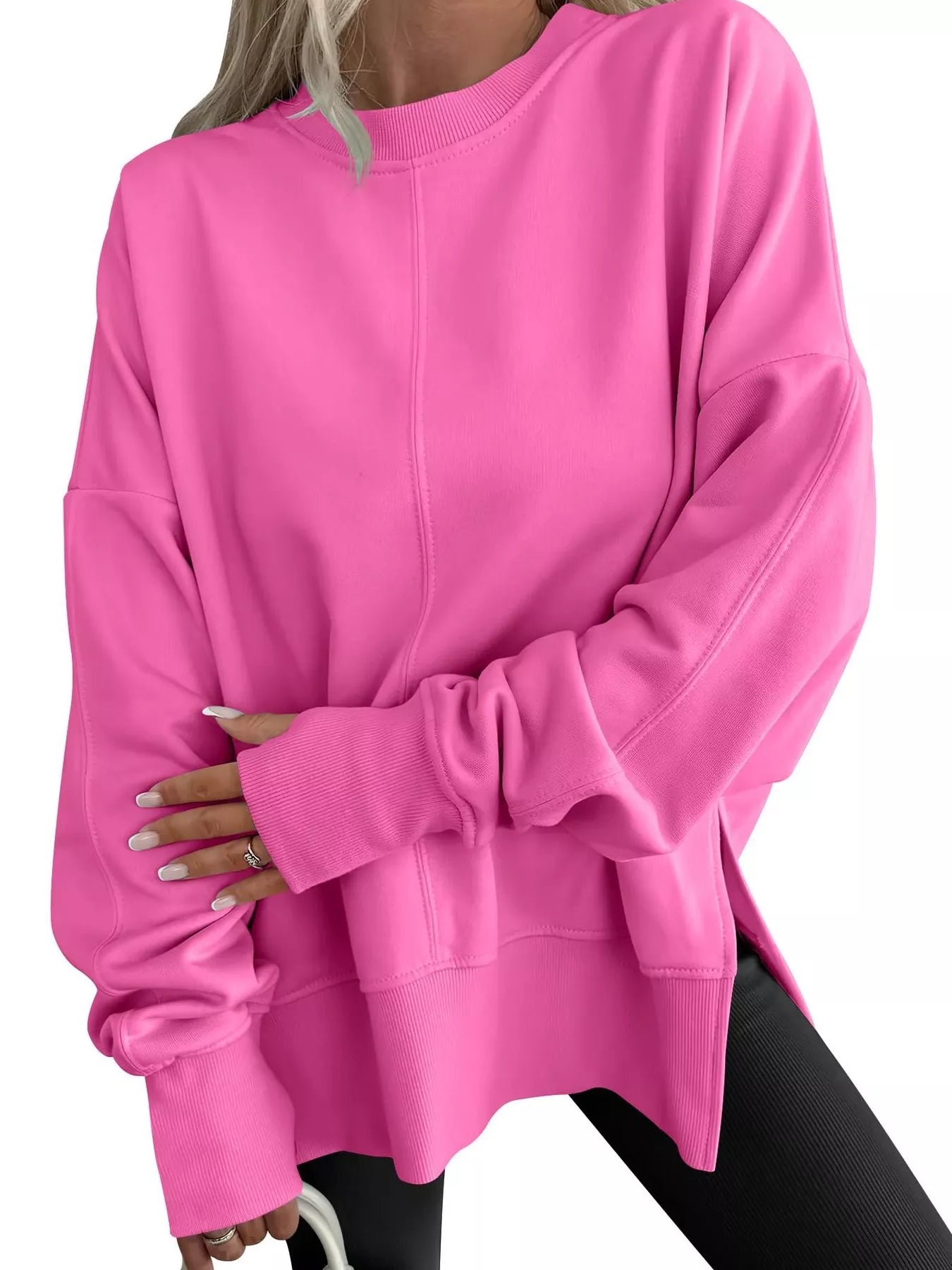 Side Slit Round Neck Long Sleeve Sweatshirt 