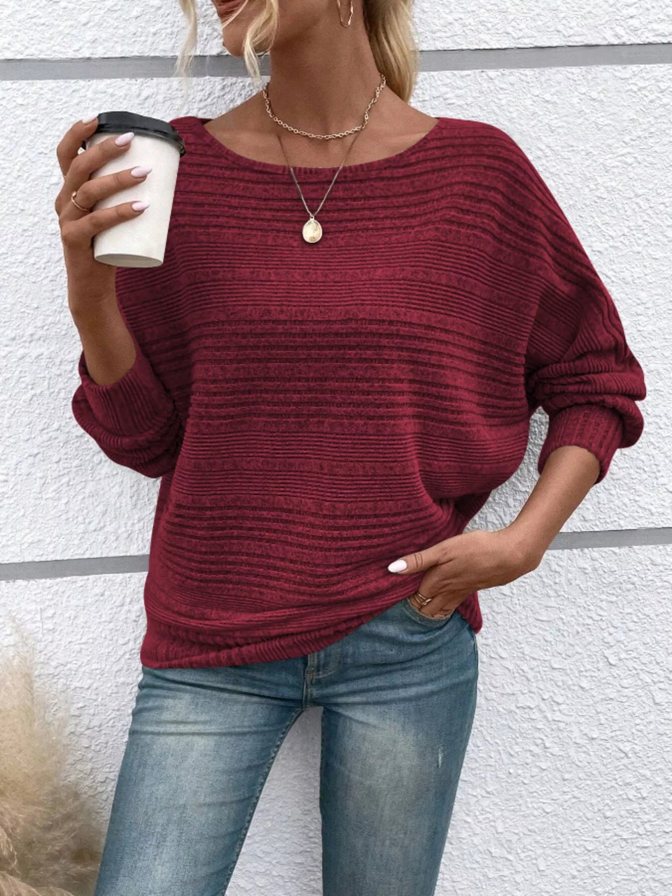 Ribbed Round Neck Long Sleeve Top 