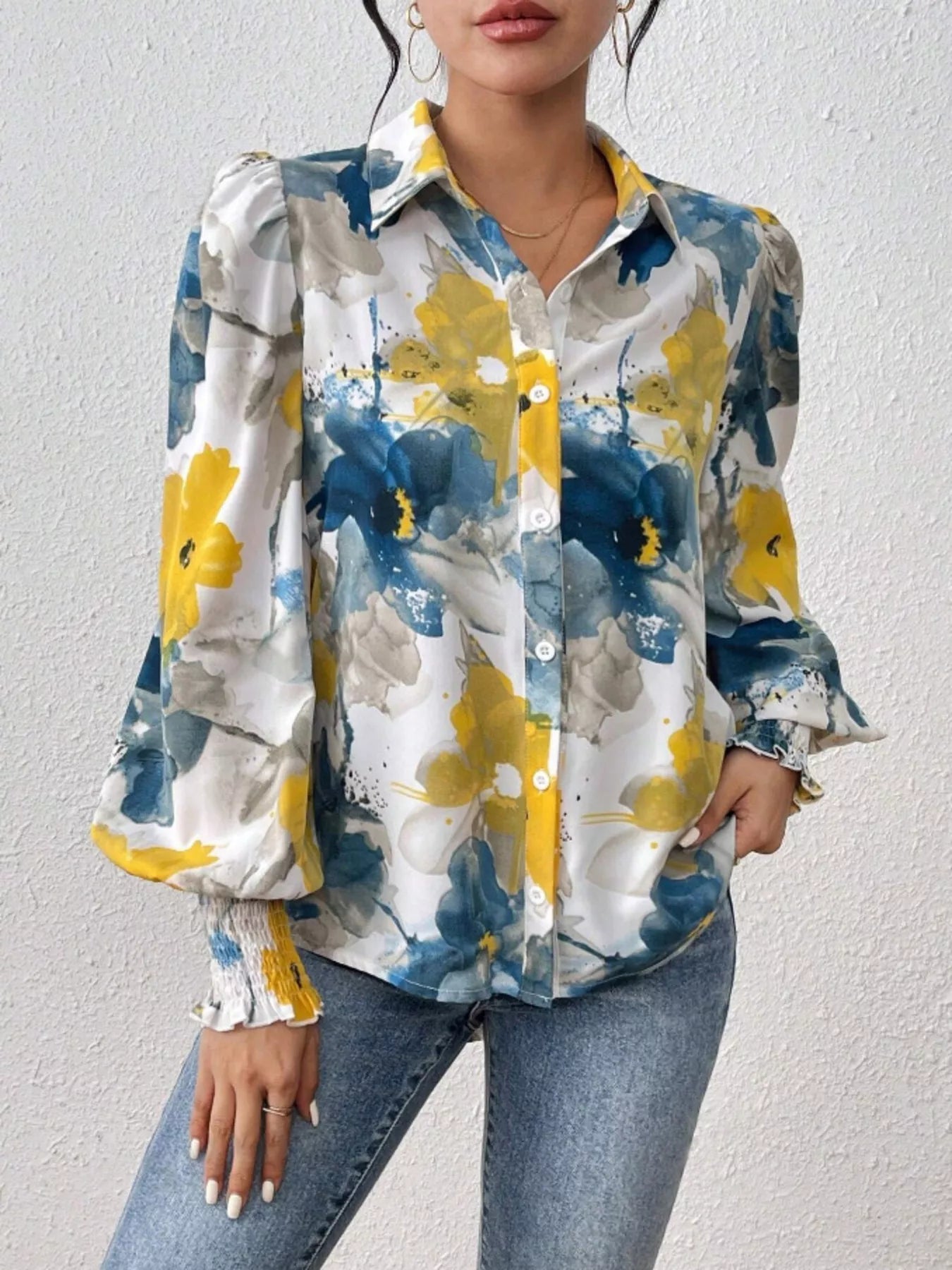 Printed Button Up Lantern Sleeve Shirt 