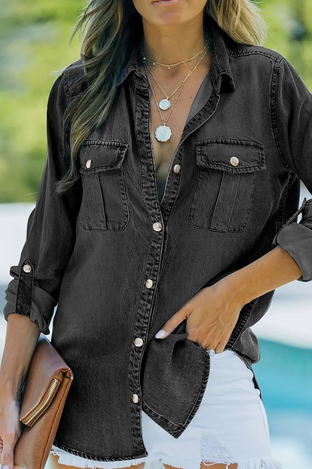 Pocketed Collared Neck Long Sleeve Denim Top 