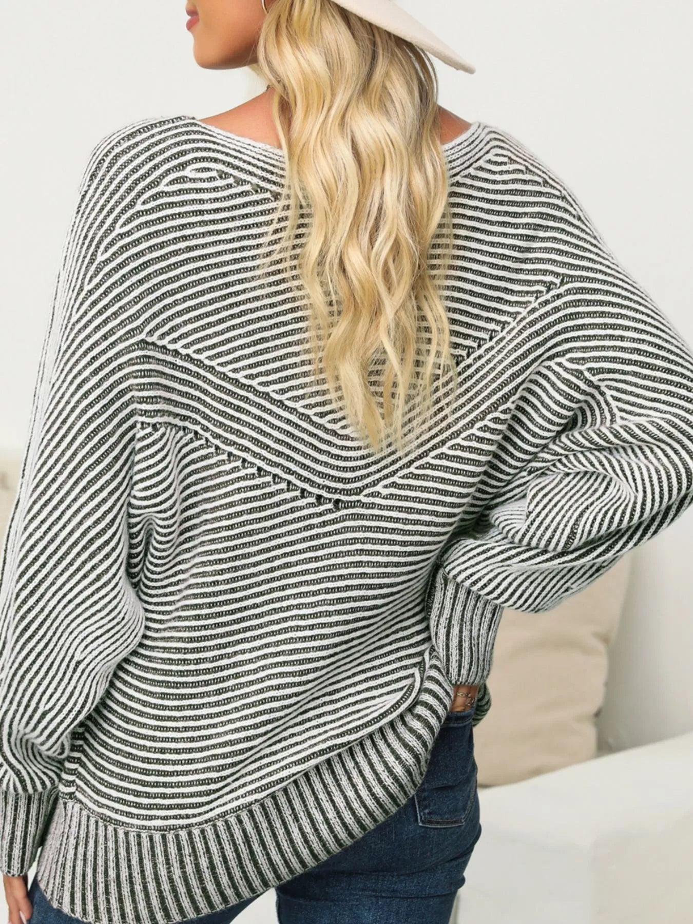 Striped Ribbed Knit Boat Neck Baggy Sweater 