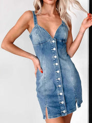 Button Front Sweetheart Neck Denim Mini Dress 