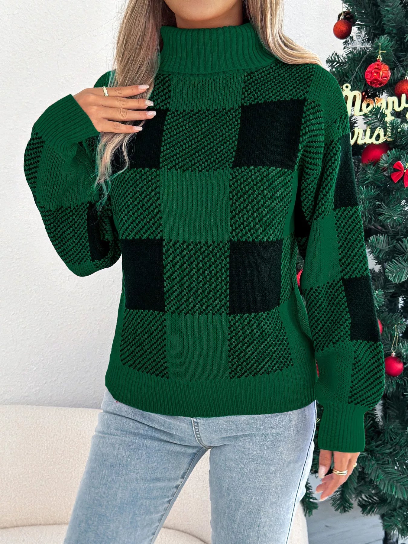 Christmas Plaid Long Sleeve Turtleneck Sweater 
