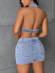Backless Sleeveless Button Front Denim Mini Dress 