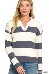 Zenana Striped Collared Sweater 