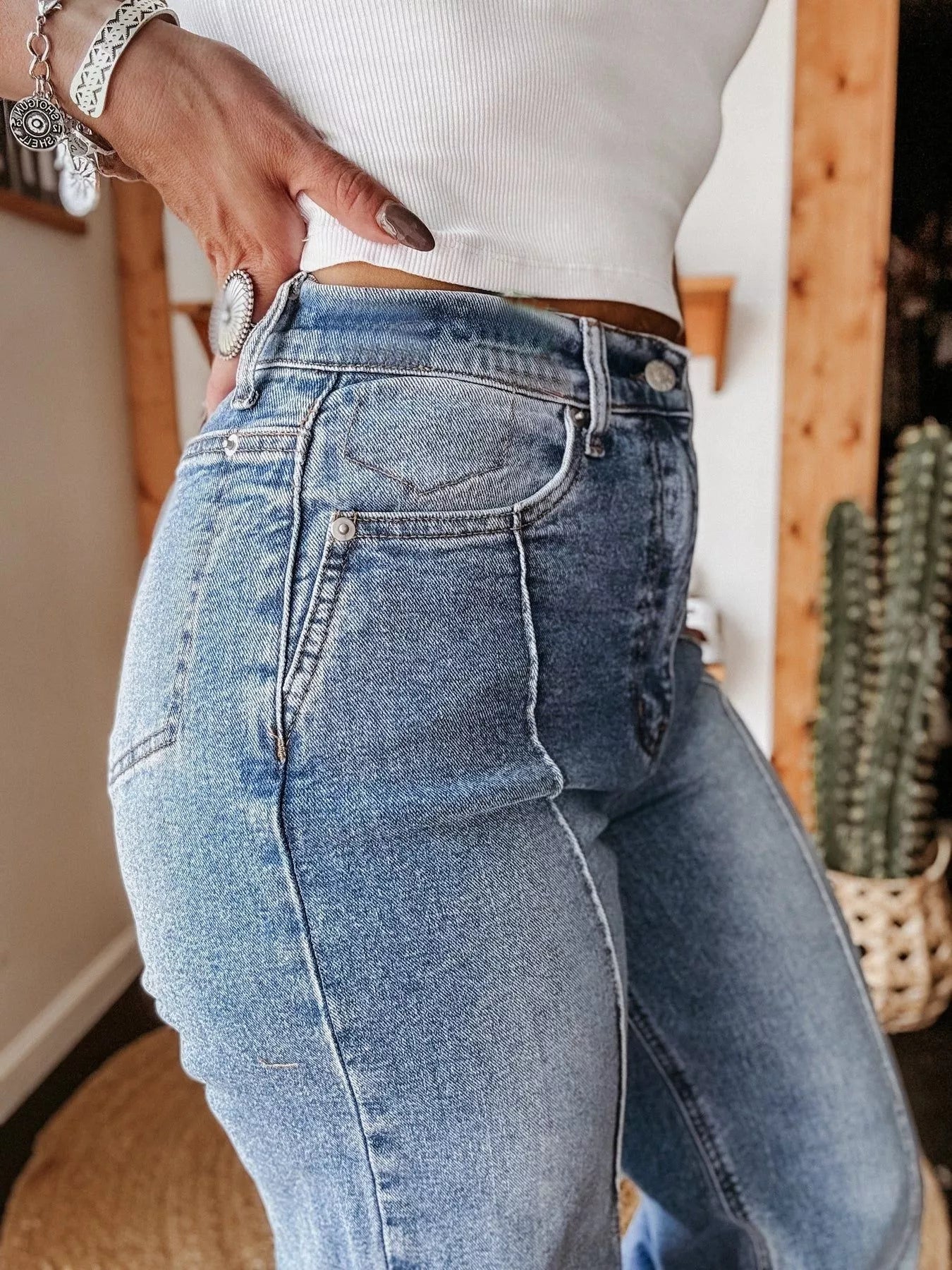 High-Waisted Wide Leg Cuffed Jeans 