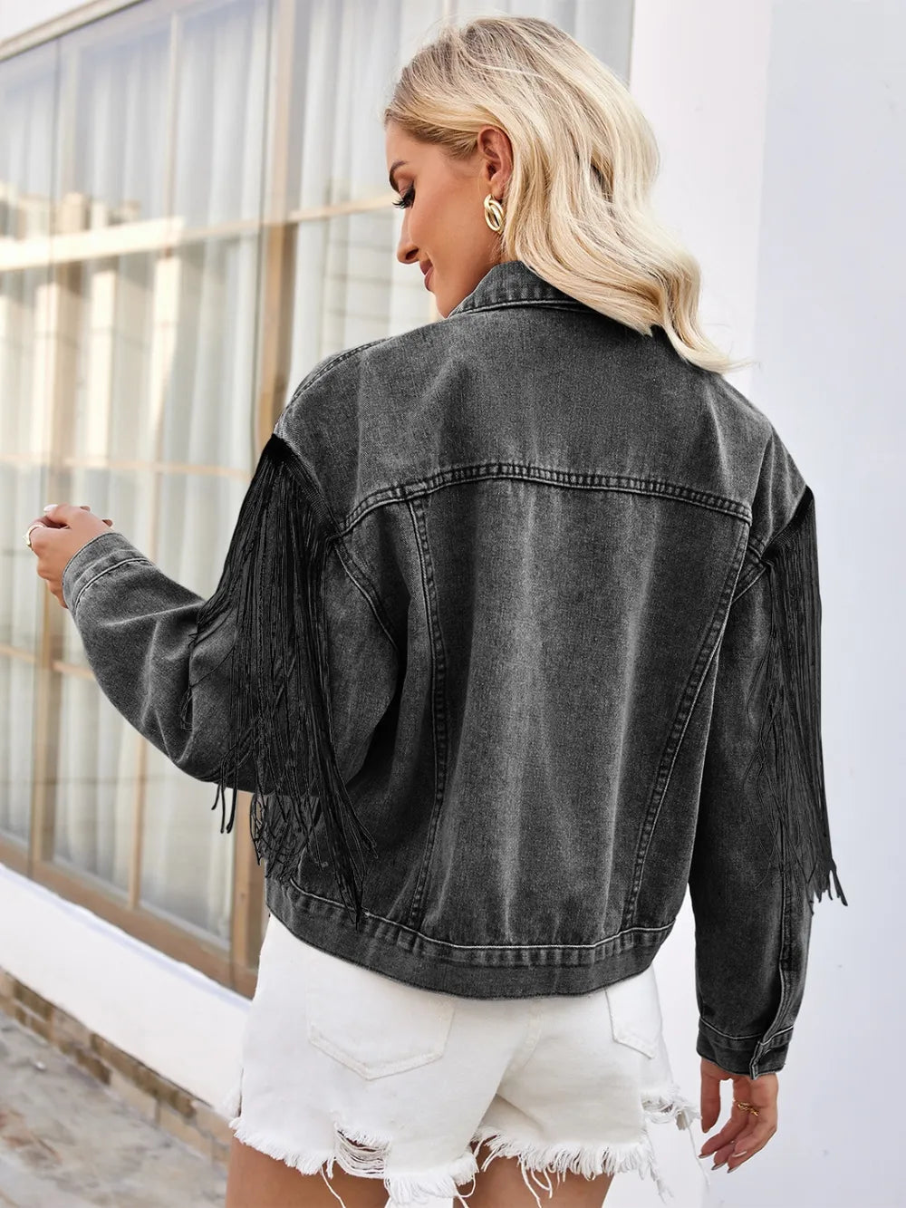 Tassel Button Up Dropped Shoulder Denim Jacket 