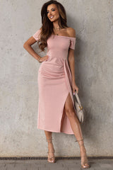 Off-Shoulder Short Sleeve Split Dress 