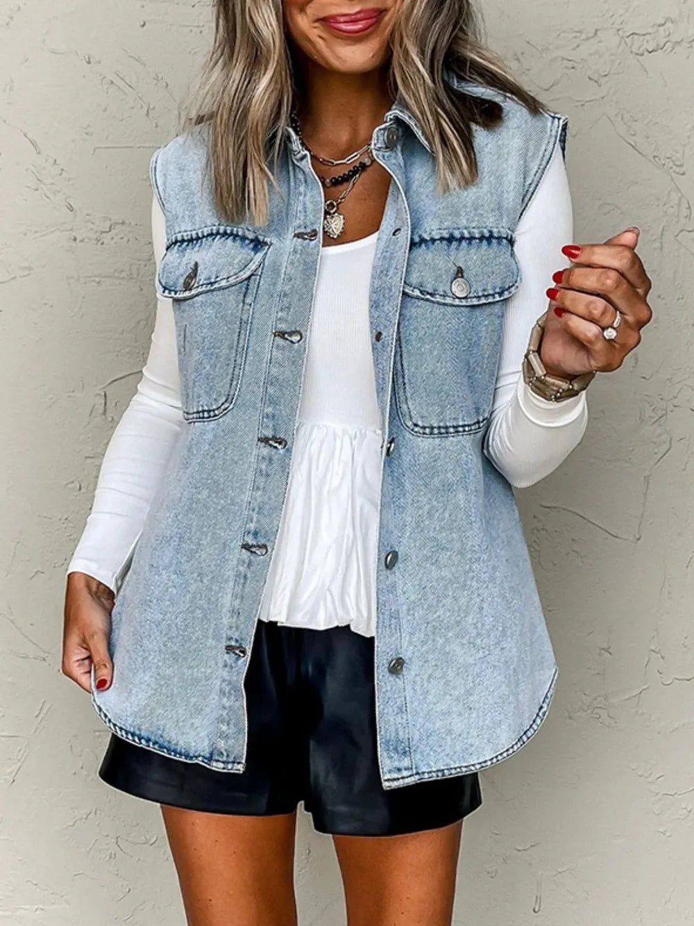 Collared Neck Button Up Denim Vest 