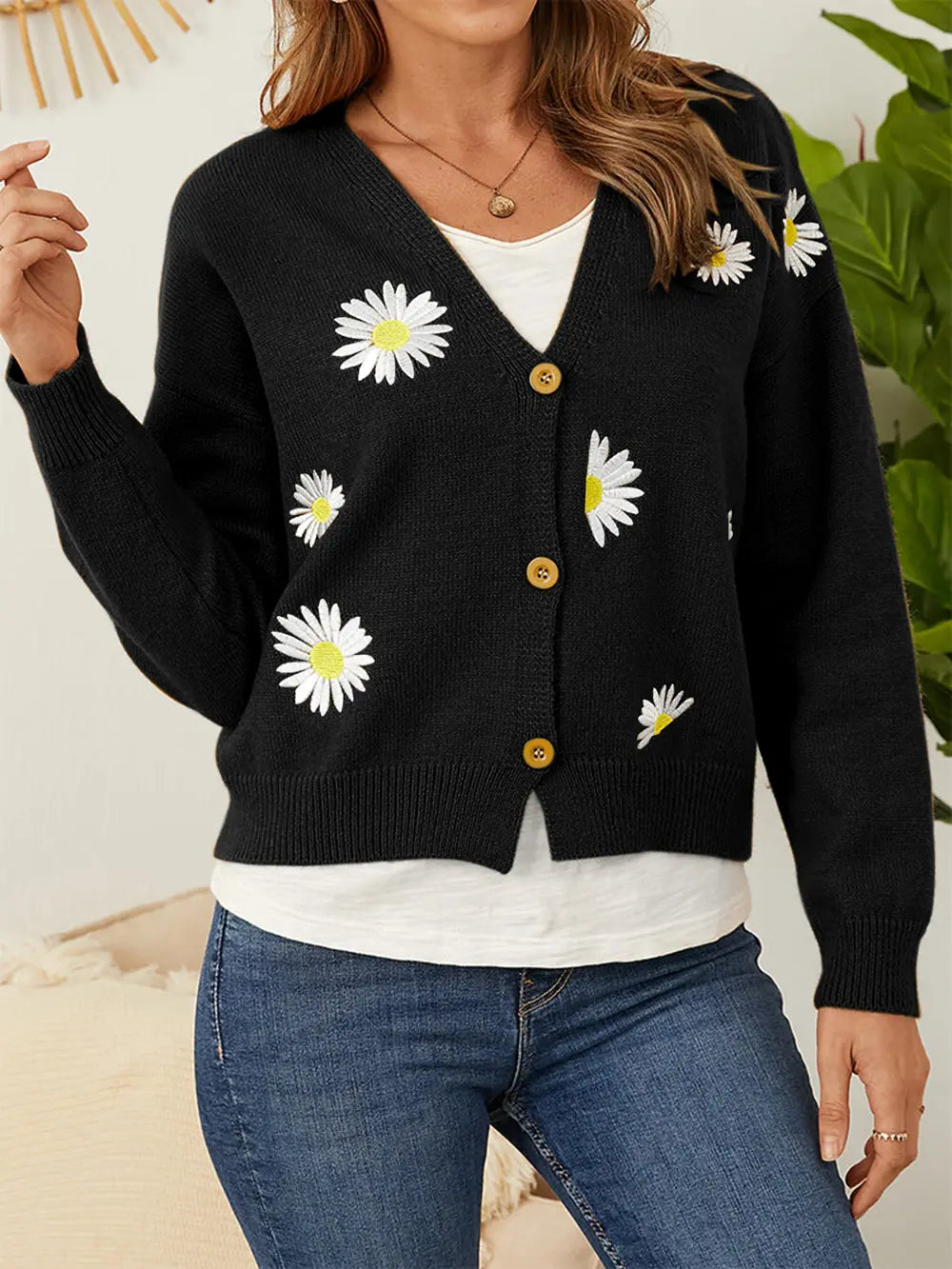 Flower Button Front Dropped Shoulder Cardigan 