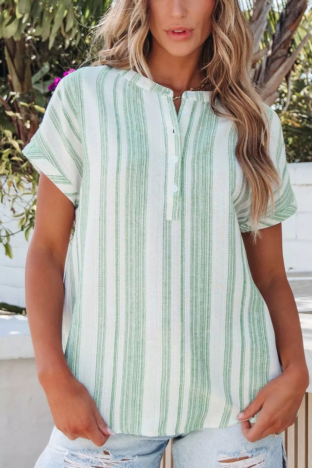 Breathable Gauze Half Button Short Sleeve Casual Blouse 