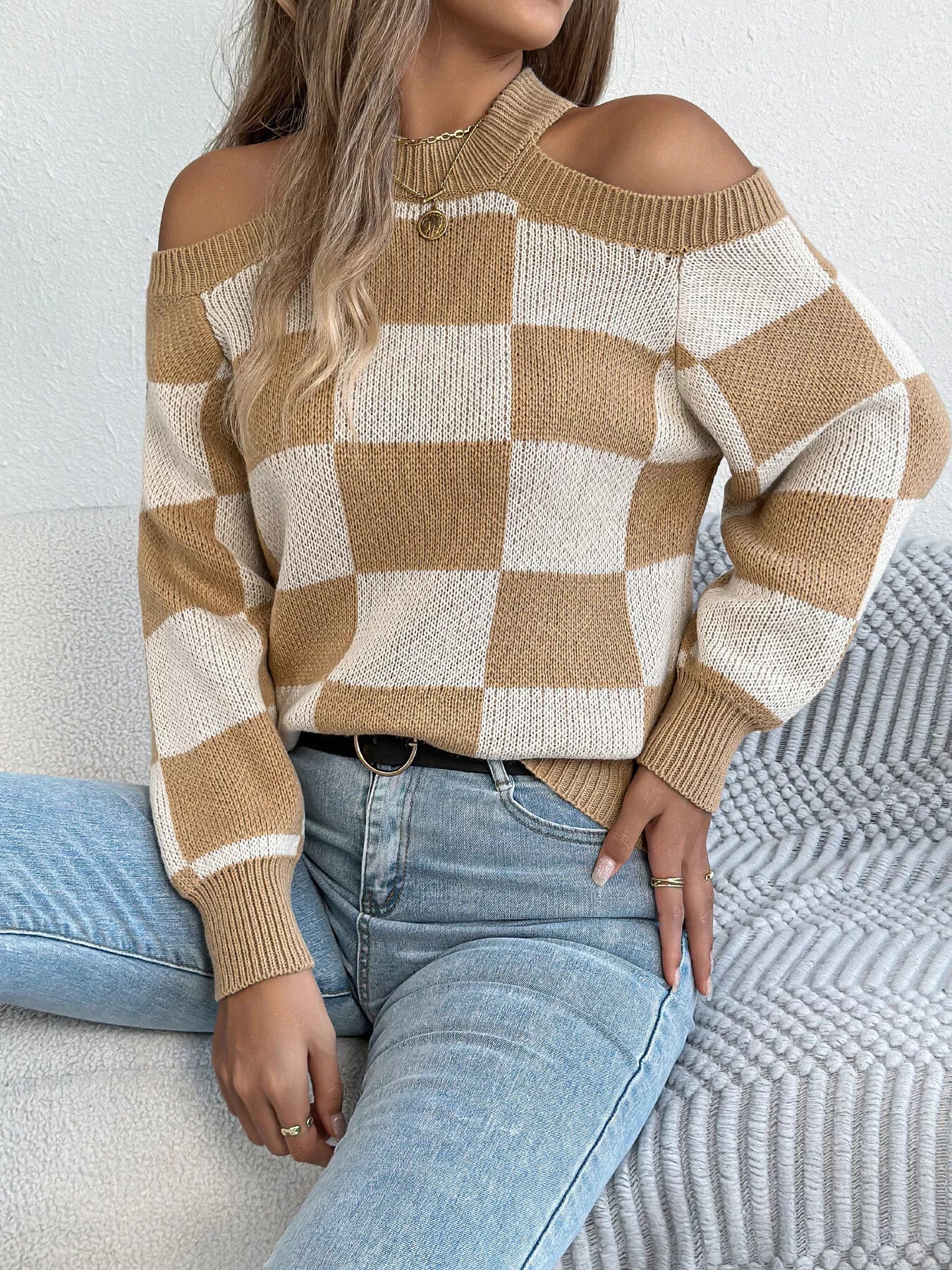 Cold Shoulder Checkered Long Sleeve Sweater 