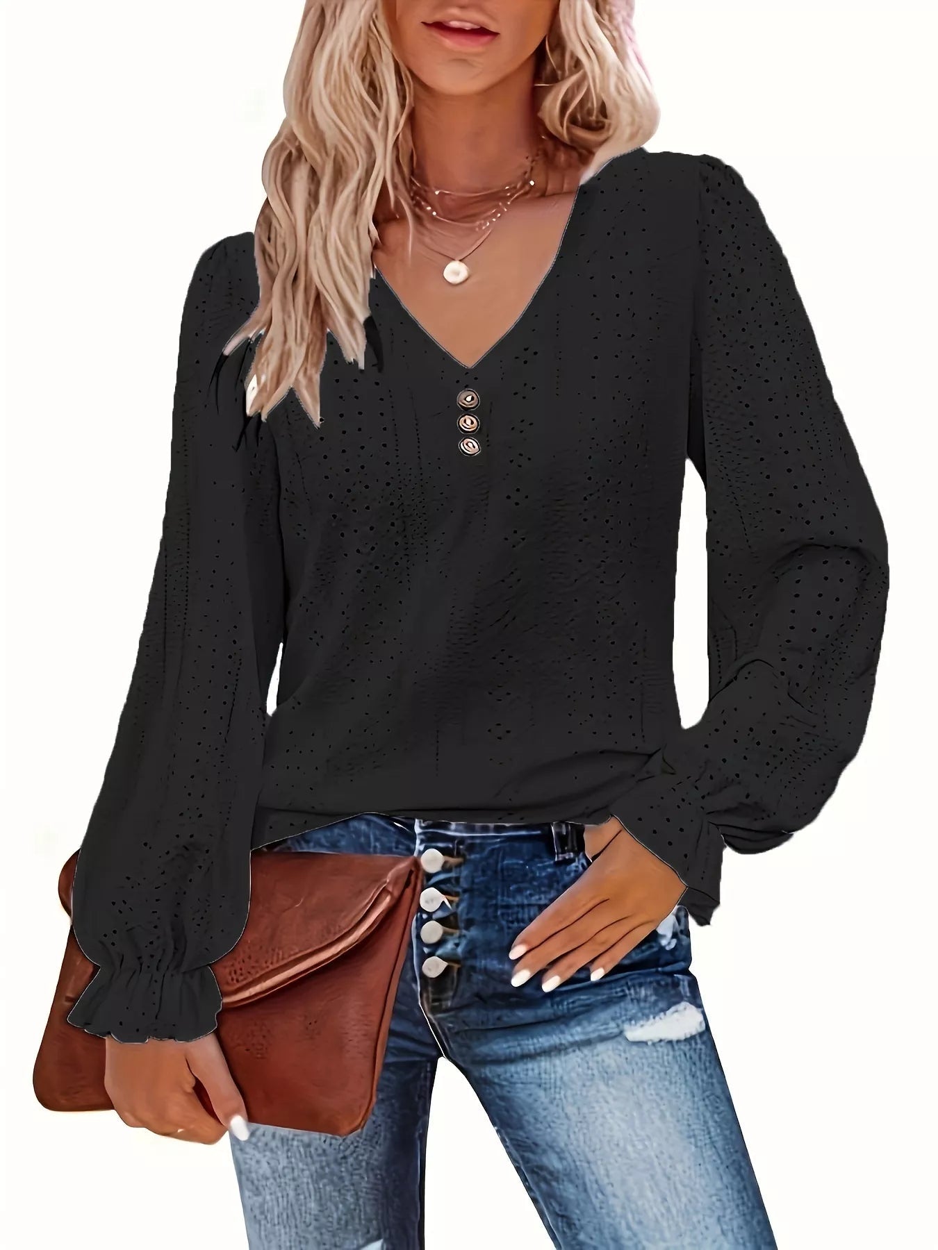 Plus Size Eyelet V-Neck Flounce Sleeve Blouse 