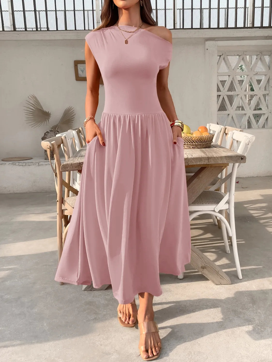 Single Shoulder Dress with Pockets 