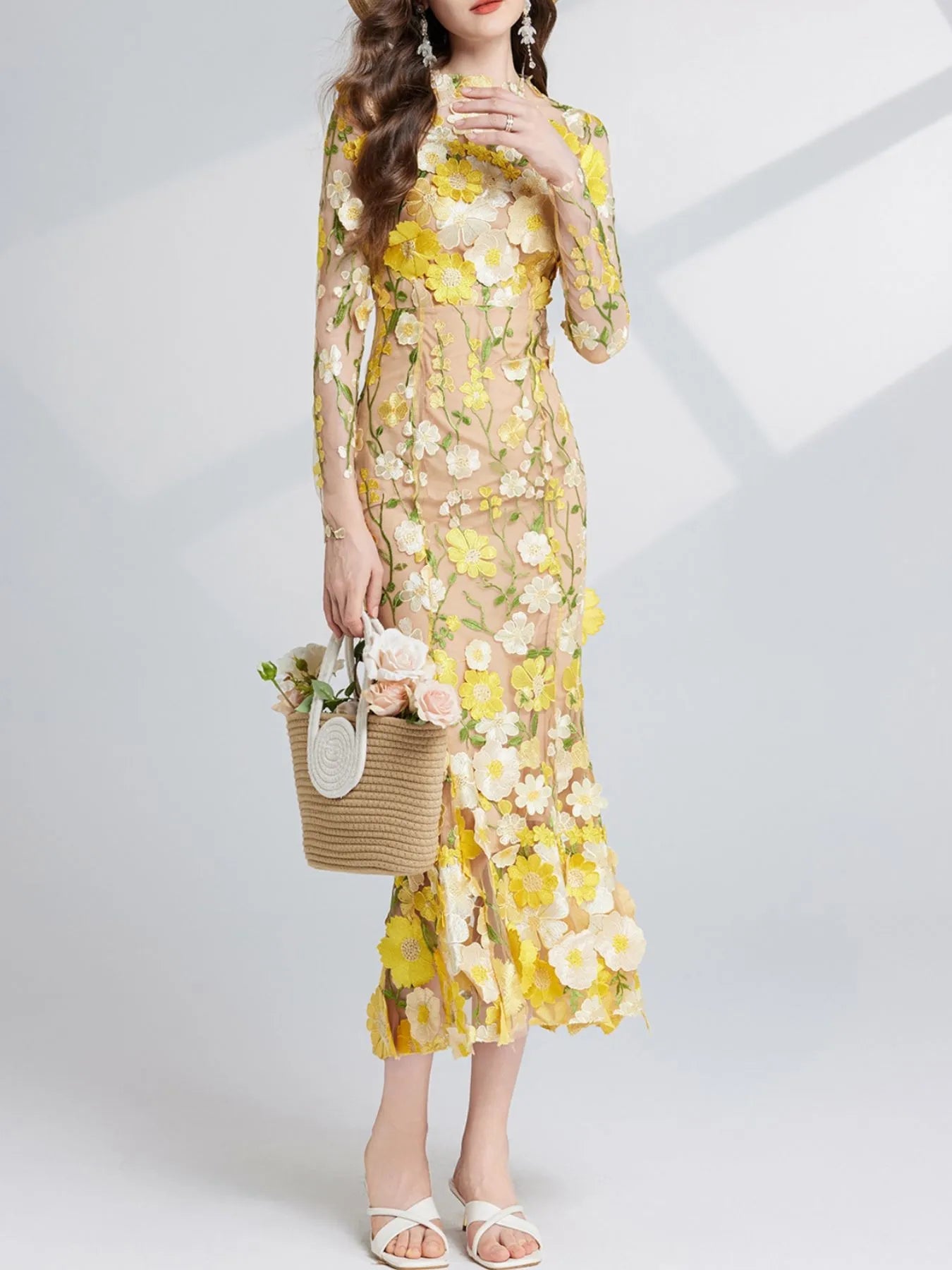 Floral Embroidered Mesh Long Sleeve Midi Dress 