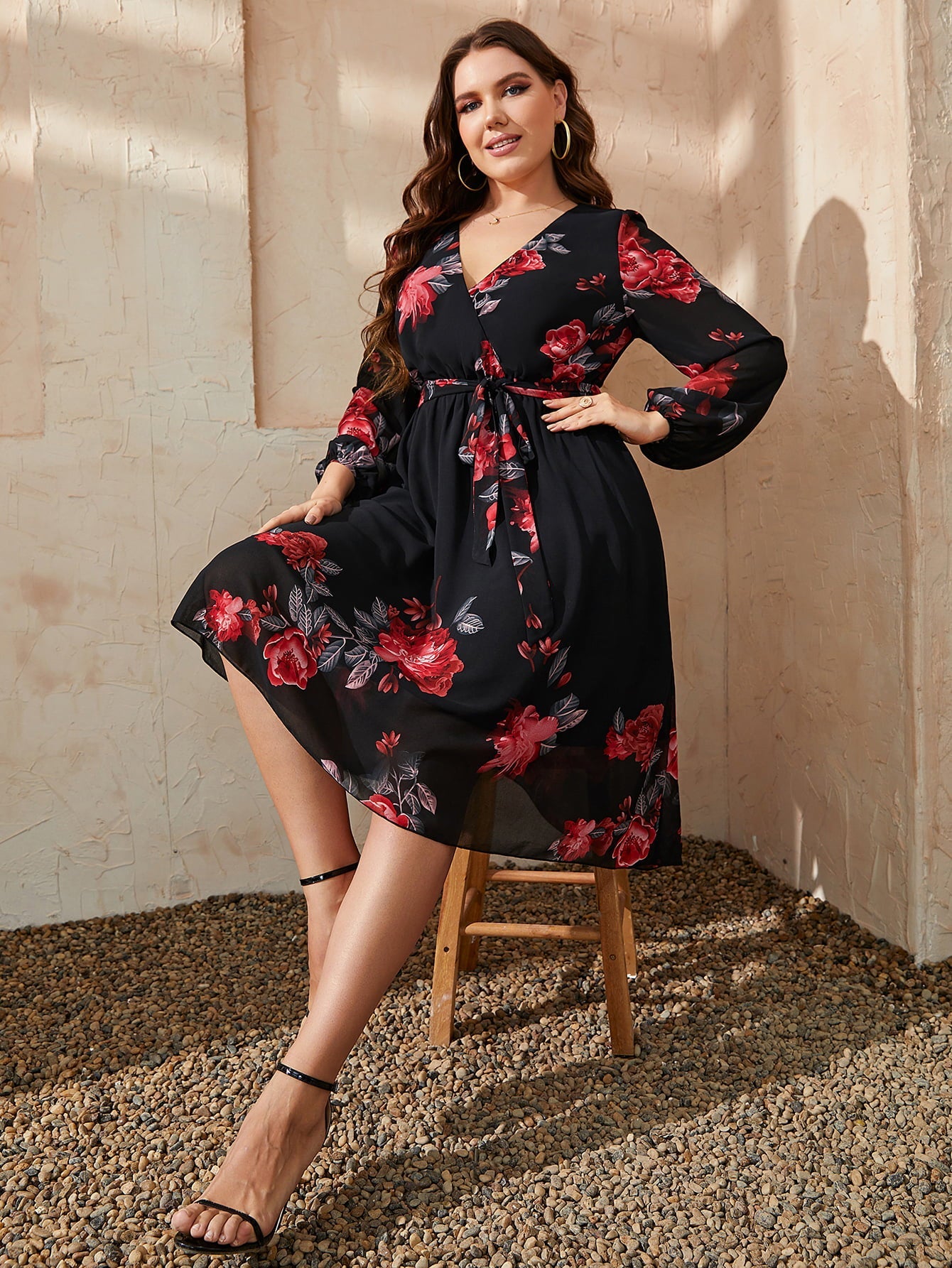 Honey Plus Size Floral Surplice Neck Tie Waist Dress 