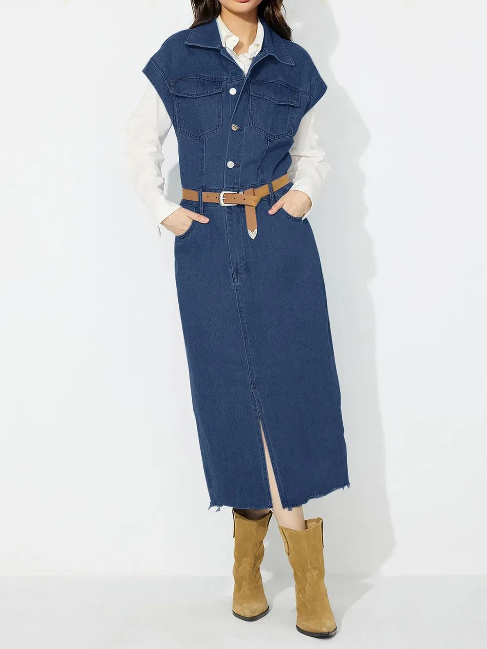 Slit Half Button Collared Neck Cap Sleeve Denim Dress 