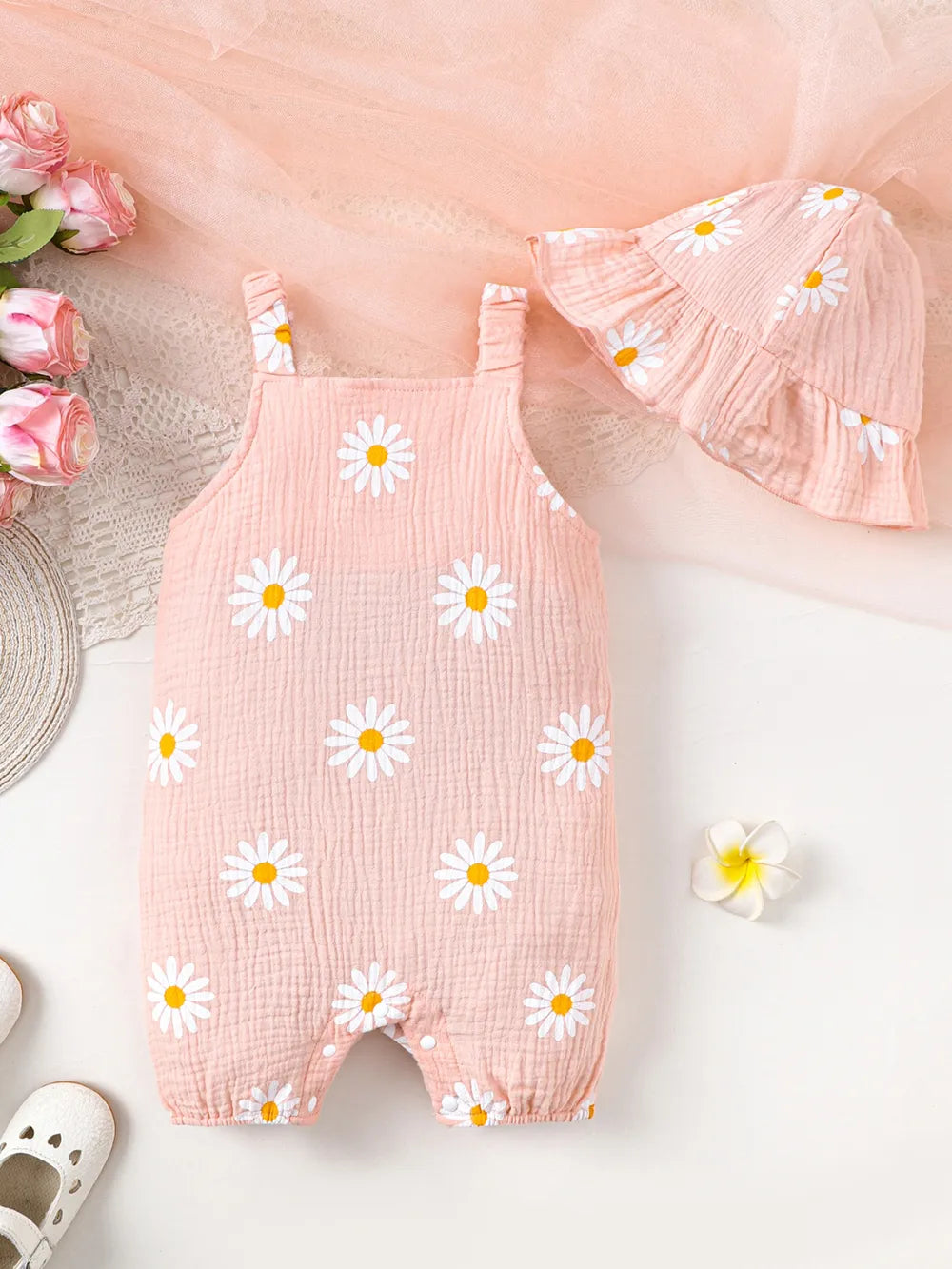 Children's Daisy Textured Wide Strap Romper and Hat Set 