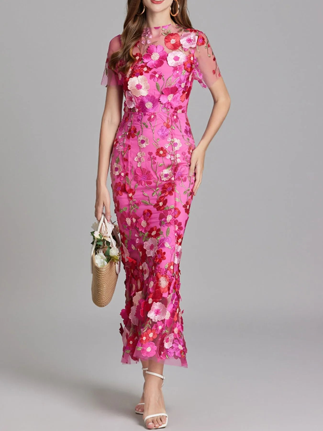 Floral Embroidered Mesh Overlay Maxi Dress 