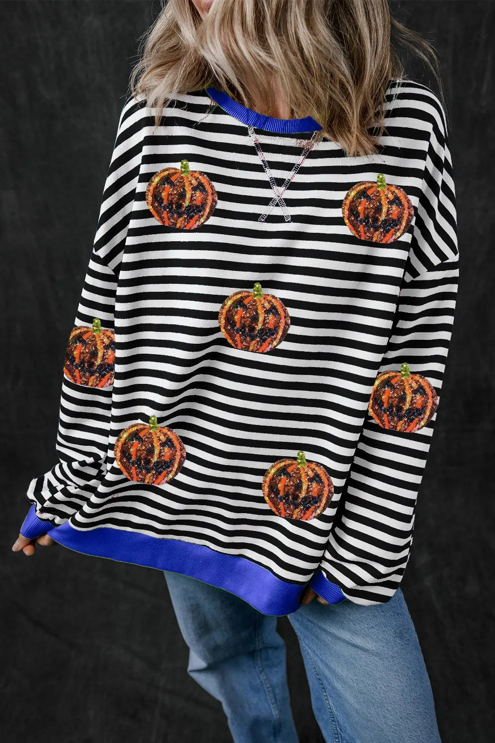 Pumpkin Striped Round Neck Long Sleeve Sweatshirt 