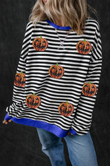 Pumpkin Striped Round Neck Long Sleeve Sweatshirt 