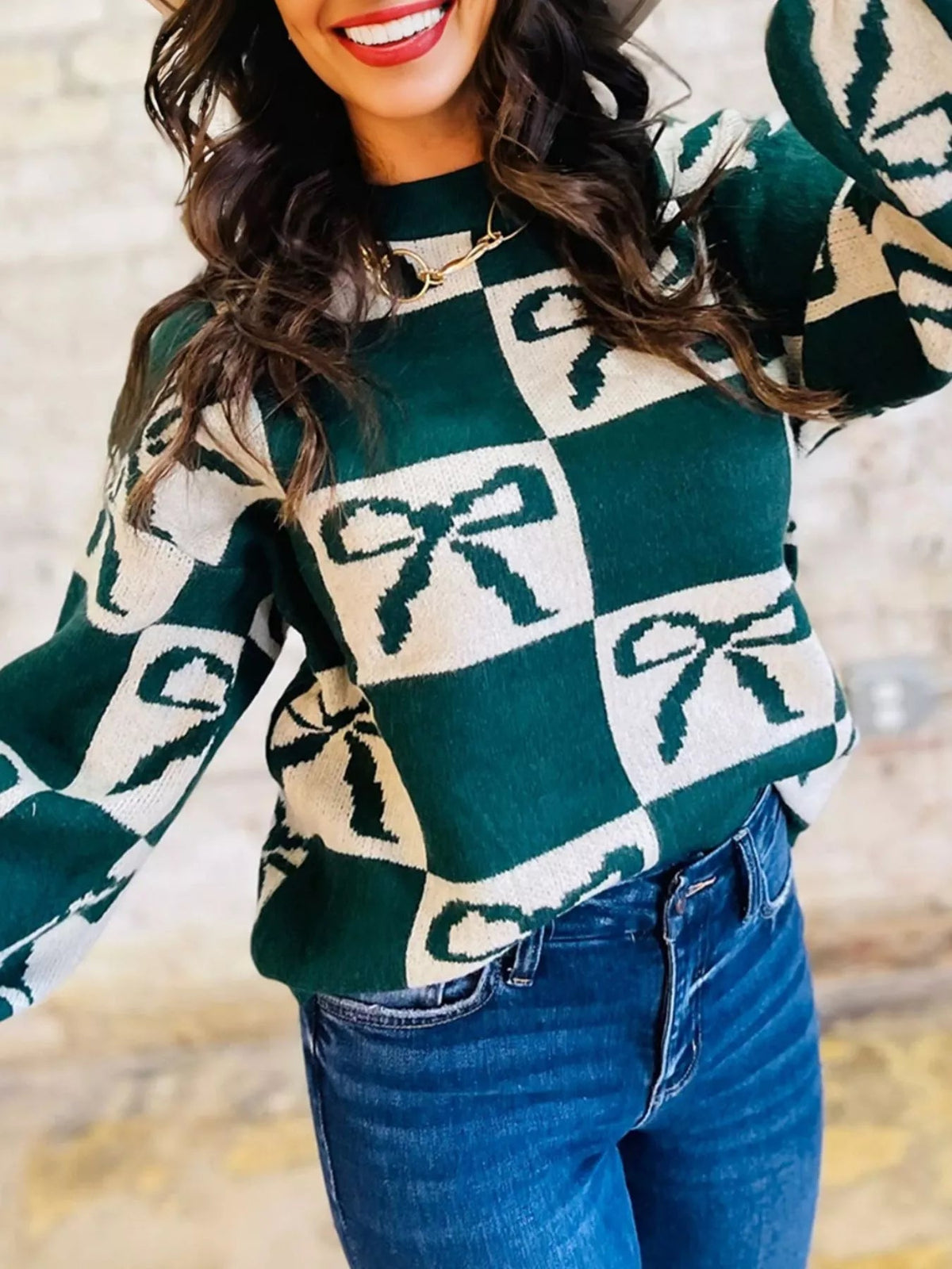 Checkered Bow Round Neck Casual Sweater 