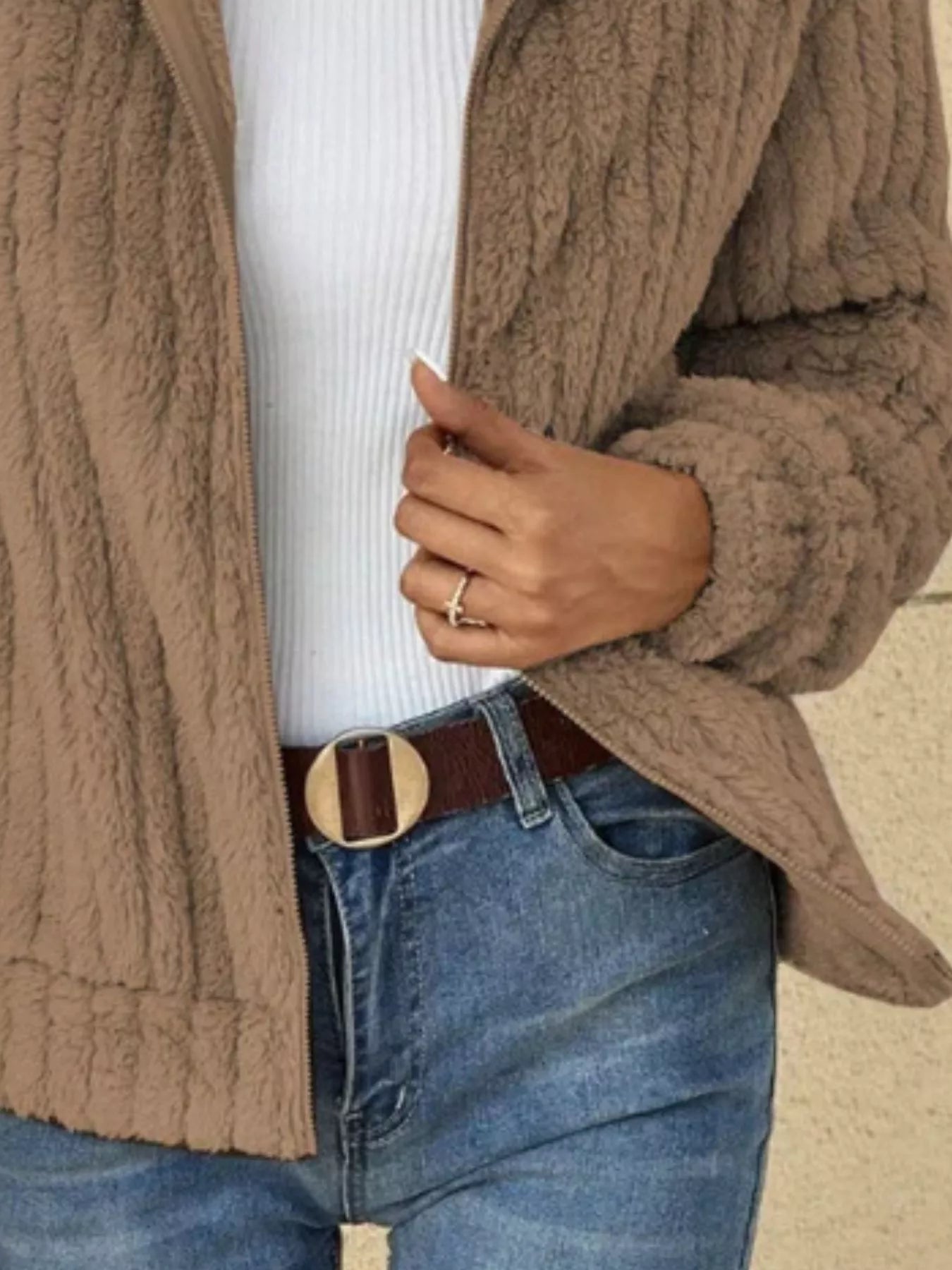 Full Size Zip-Up Long Sleeve Texture Jacket Plus Size 