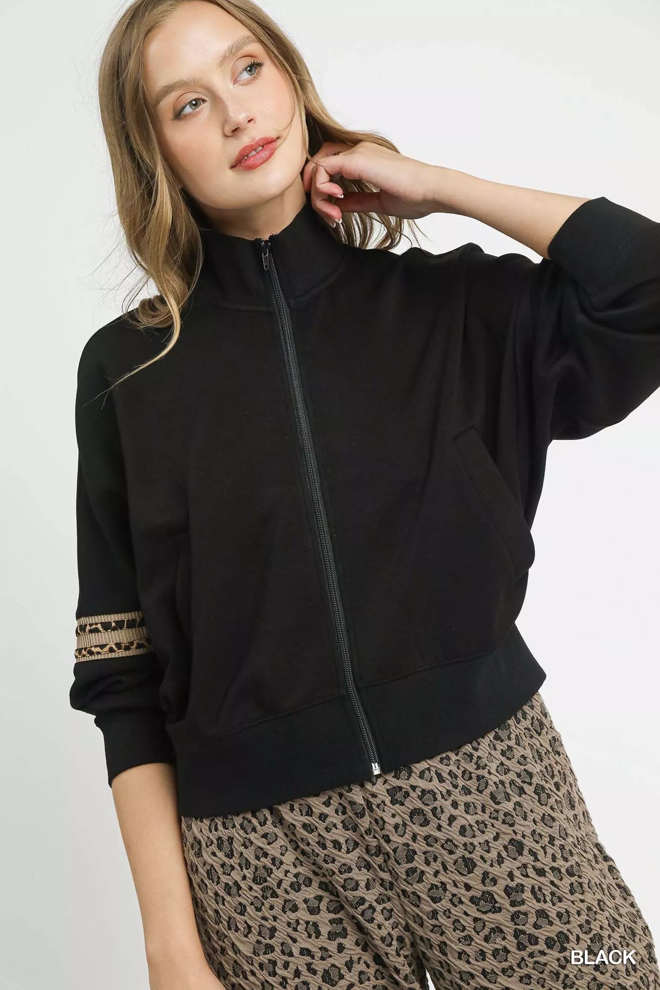 Umgee Zipper Up Cropped Jacket with Leopard Trim 