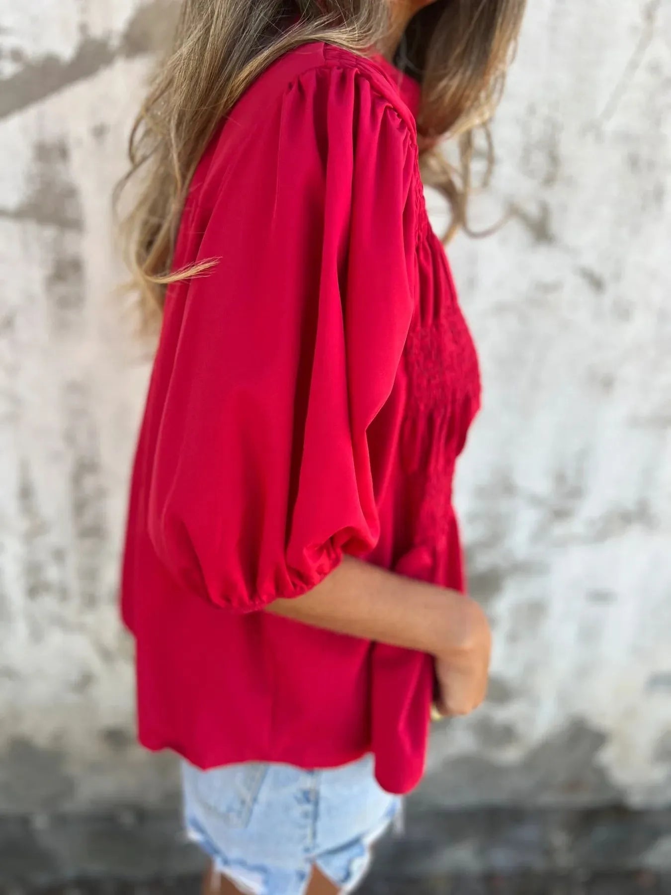 Full Size Smocked Puff Sleeve Blouse Plus Size 