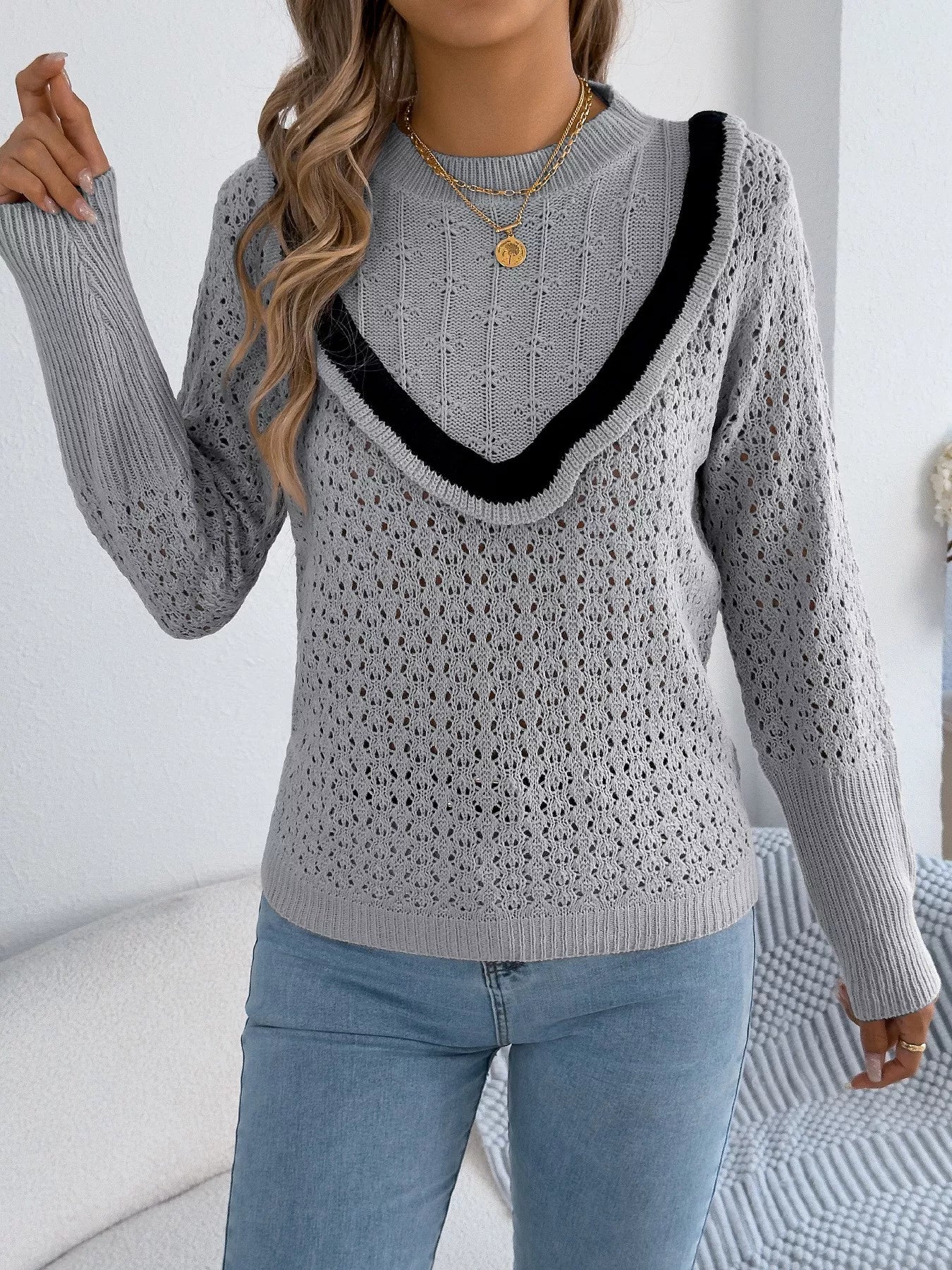 Hollow-Out Knit Top with Contrast Trim 