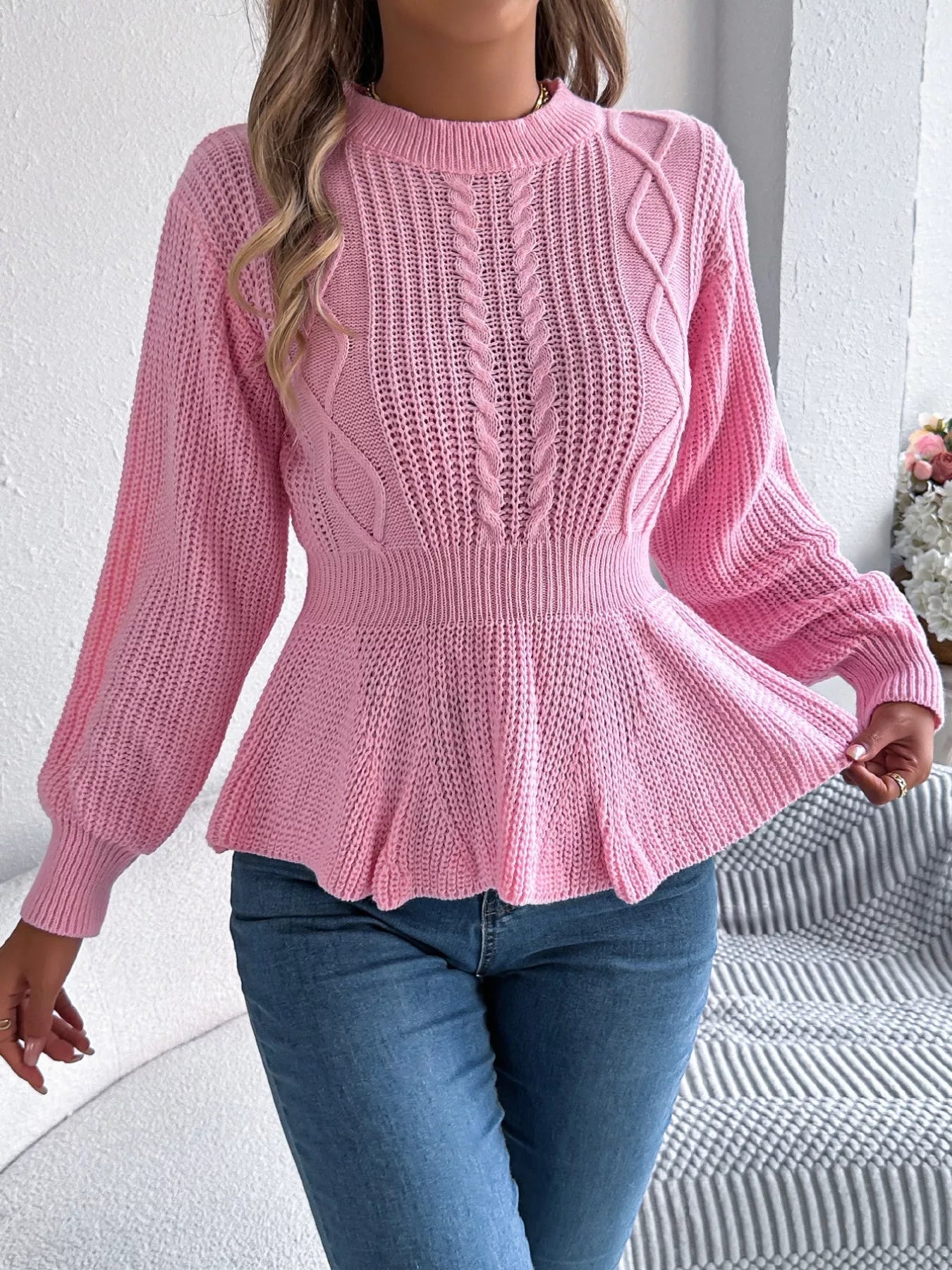 Cable Knit Round Neck Peplum Sweater 