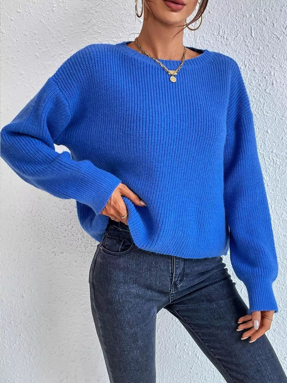 Ribbed Knit Dropped Shoulder Sweater 