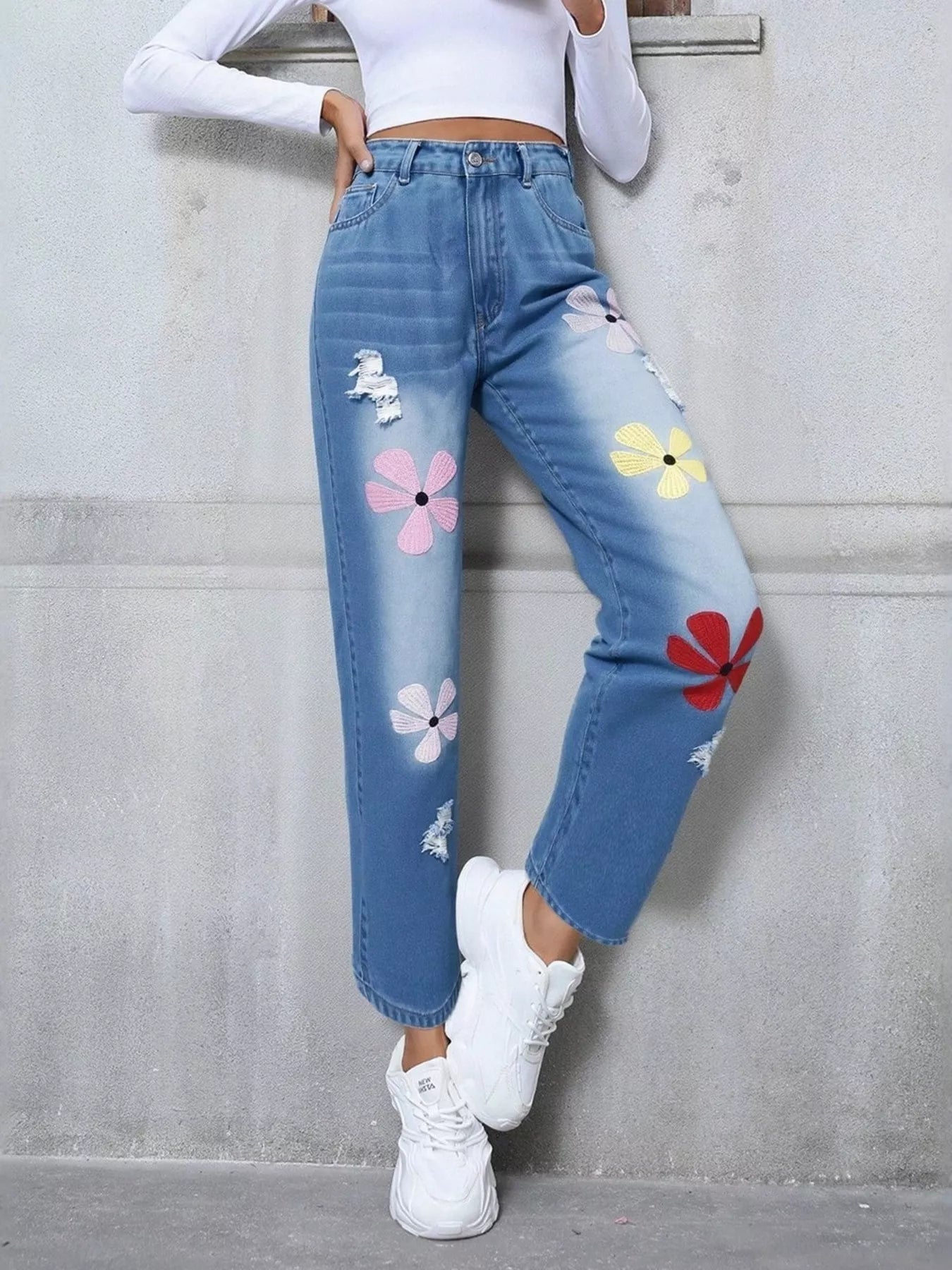Floral Embroidered High Waist Distressed Jeans 