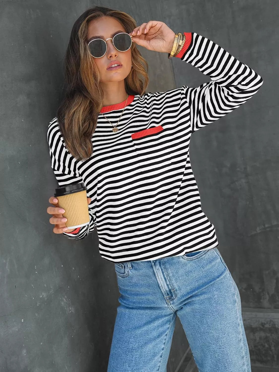 Striped Long Sleeve Sweater with Contrast Ribbed Trim 