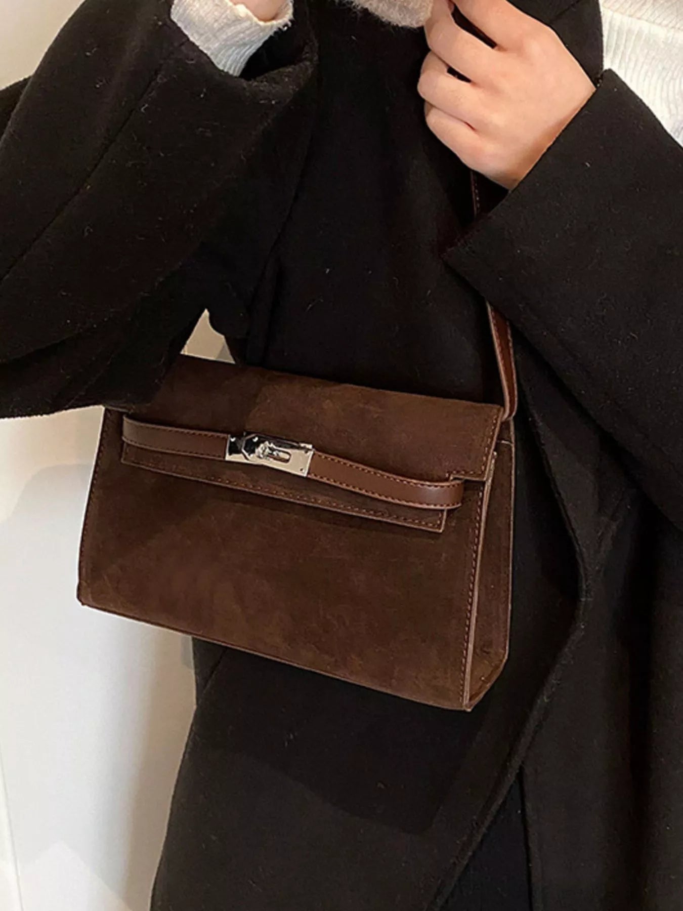 Solid Color Buckle Shoulder Bag 