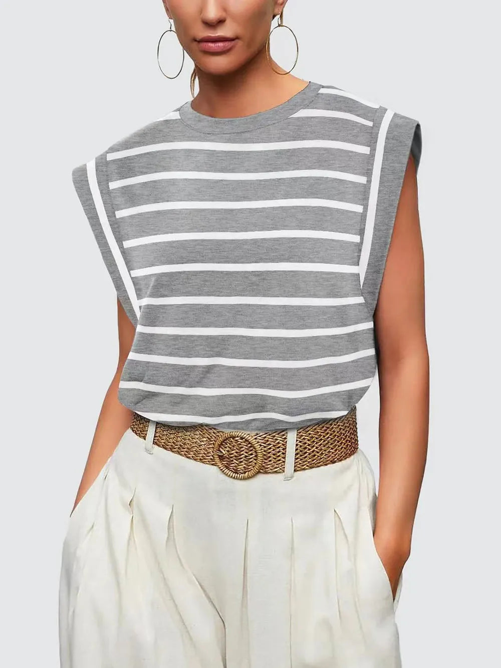 Striped Round Neck Cap Sleeve T-Shirt 