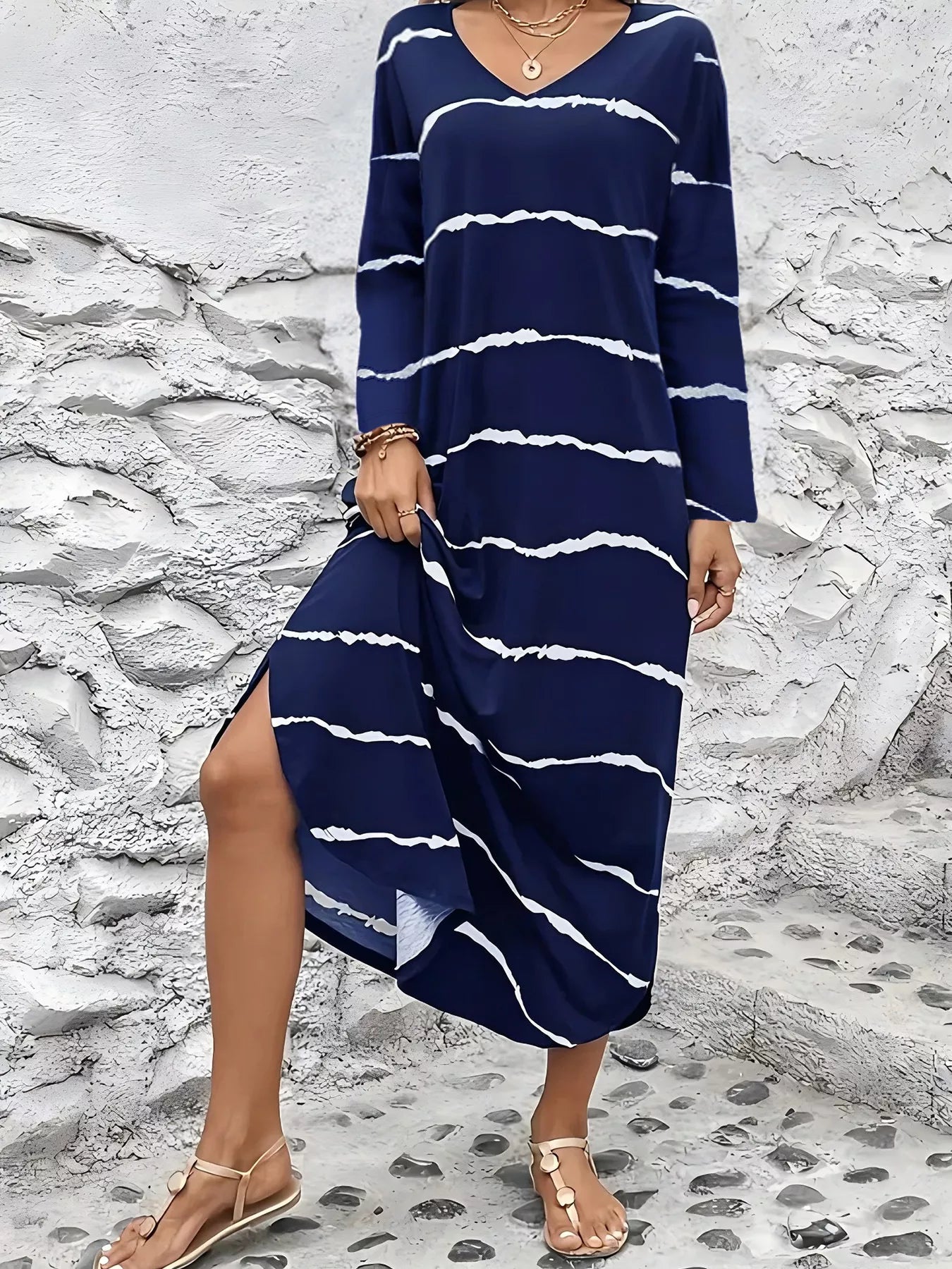 Striped V-Neck Long Sleeve Dress 