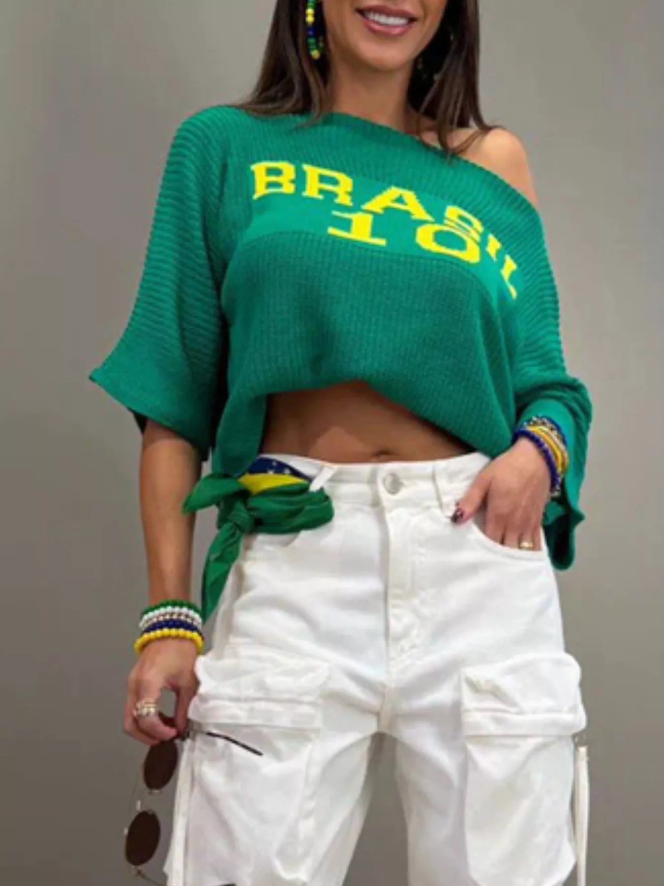 Brasil Letter Boat Neck Sweater 