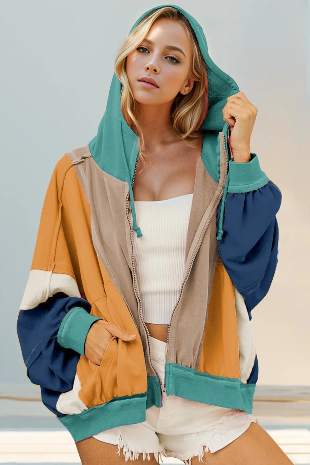Double Take Full Size Color Block Zip Up Hoodie 